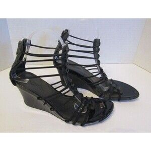 Kenneth Cole Reaction Sandals Black Patent Leather Strappy Wedge Shoes Womens 8